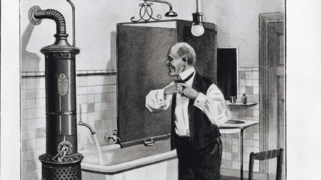 black and white image of a man getting dressed whilst running a bath